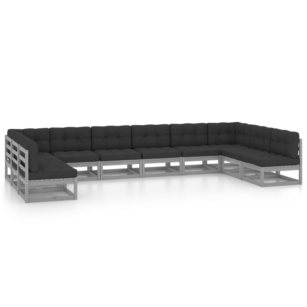 10-tlg. Garten-Lounge-Set mit Kissen Grau Kiefer Massivholz